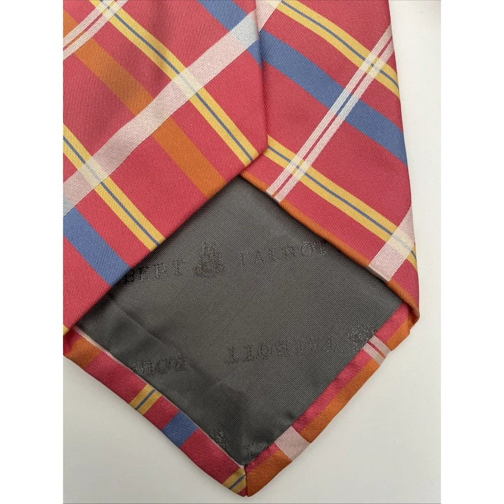 Robert Talbott Mens Red Plaid Silk Necktie Hand Sewn USA Blue Yellow Striped Tie